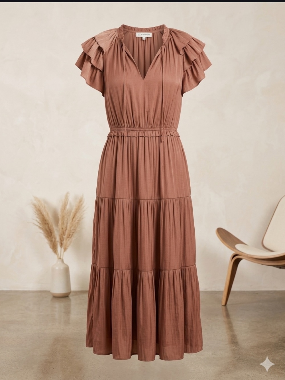 Ulla Johnson Dusty Rose Tiered Ruffle Sleeve Midi Dress